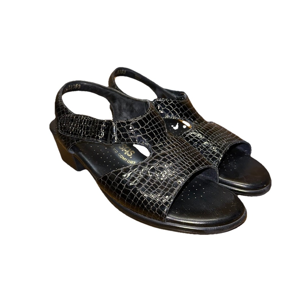 SAS Suntimer Heeled Leather Sandals Black Croc Tripad Comfort Women's 7.5 M $155